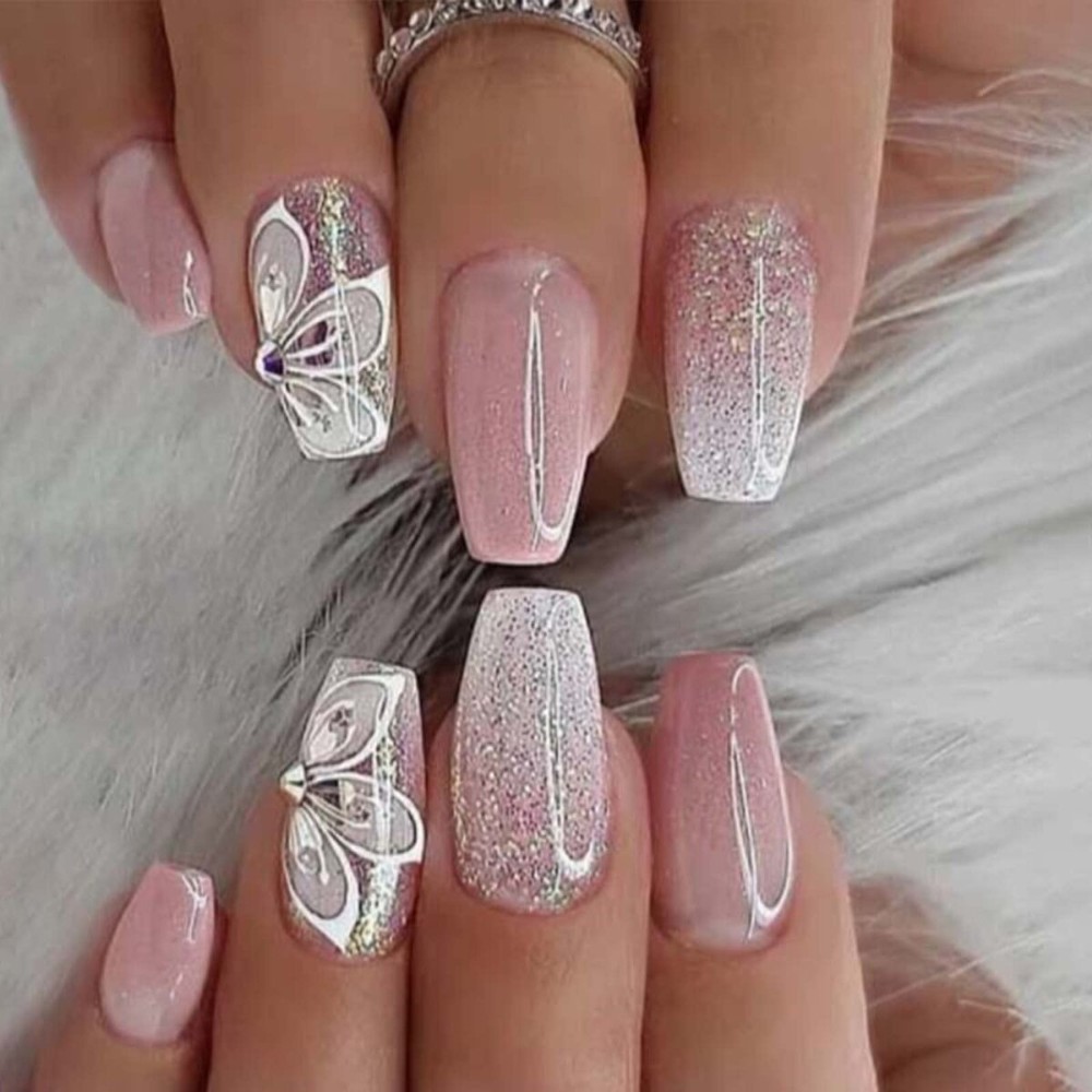 YoYoee Coffin False Nails Long Press on Nails Butterfly Gradient Fake Nails Acrylic Full Cover Bling Nails Tips for Women and Girls 24Pcs