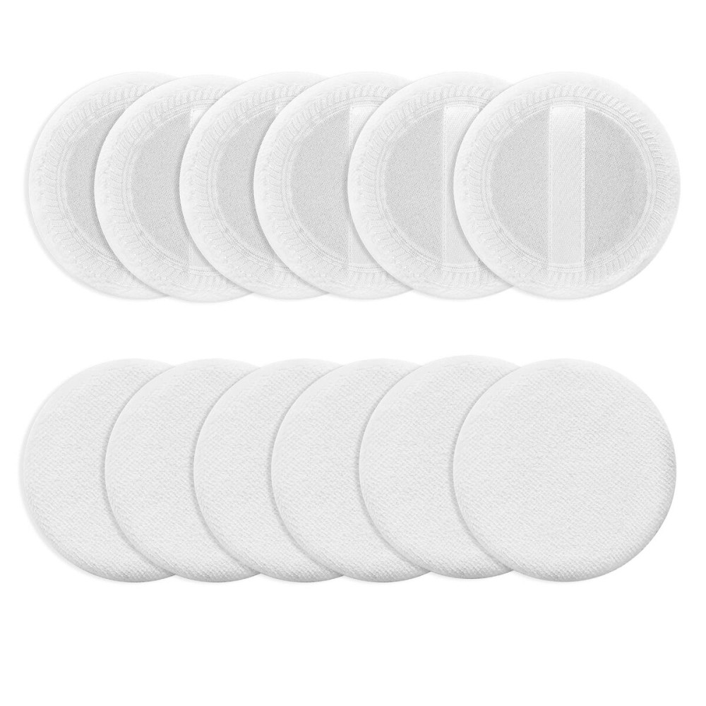 Sibba Loose Powder Puff 12 Pieces Round Velour Face Makeup Compact Body Container Setting Pressed Blending Foundation Cream Make Up Ribbon Strap Sponge Cushion Applicator (White)
