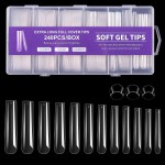 Cycullinyt 240Pcs Square Soft Gel Nail Tips, Long Square Nails, 12 Sizes Full Cover Acrylic Fake Nails Straight Clear False Nail Extension for Beginner and Professional Home Salon DIY
