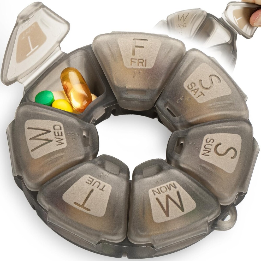 Round Weekly Pill Organizer, Non-Slip Silicone, Travel Pill Container 7 Day, with 7 Large Compartments, Great for Daily Vitamins & Supplements, Cute Pill Case with Large Letters and Braille (Grey)