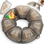 Round Weekly Pill Organizer, Non-Slip Silicone, Travel Pill Container 7 Day, with 7 Large Compartments, Great for Daily Vitamins & Supplements, Cute Pill Case with Large Letters and Braille (Grey)