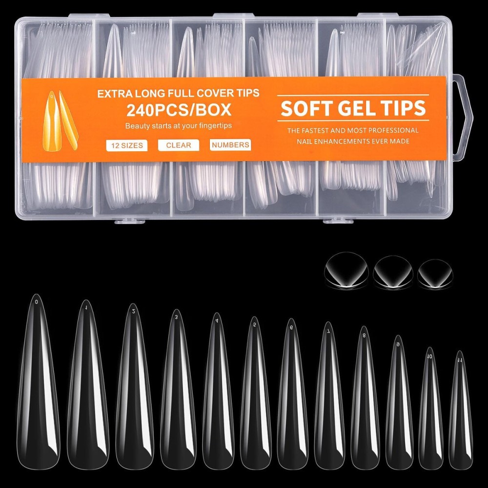 Cycullinyt 240Pcs Stiletto Soft Gel Nail Tips, Long Stiletto Nails, 12 Sizes Full Cover Acrylic Fake Nails Clear False Nail Extension for Beginner and Professional Home Salon DIY