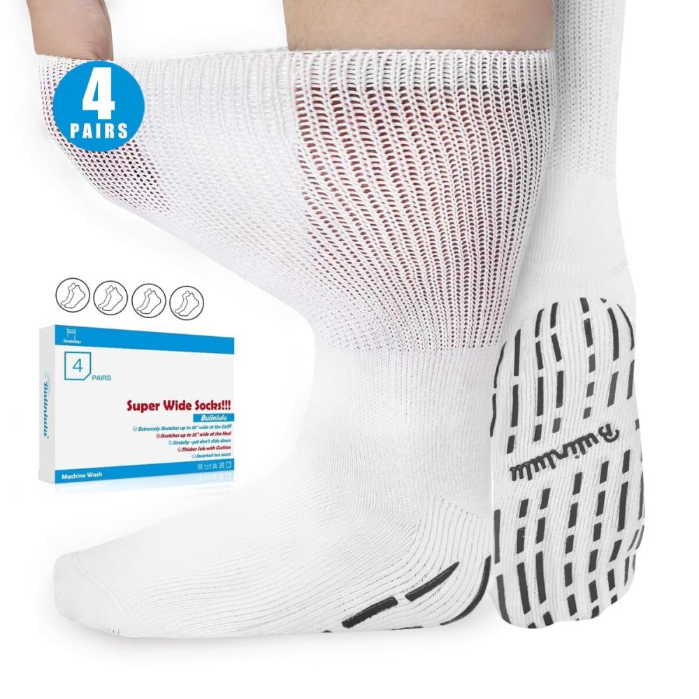 Bulinlulu Extra Width Diabetic Socks Men Women-4 Pairs Wide Edema Sock for Swollen Feet,Non Slip Cast Bariatric Socks 13-15,Hospital Socks with Grips, Lymphedema Socks(4 White)