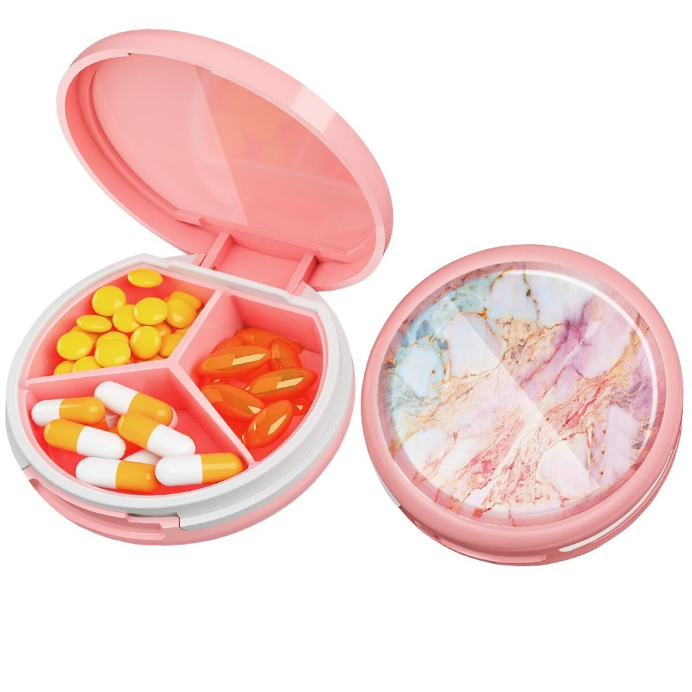 Serfeymi Small Pill Box - 3 Compartments Portable Pill Box for Purse Pocket, Compact Mini Travel Pill Case - Suitable for Medicine, Vitamin, Fish Oil, Supplements - Pink(Marble)
