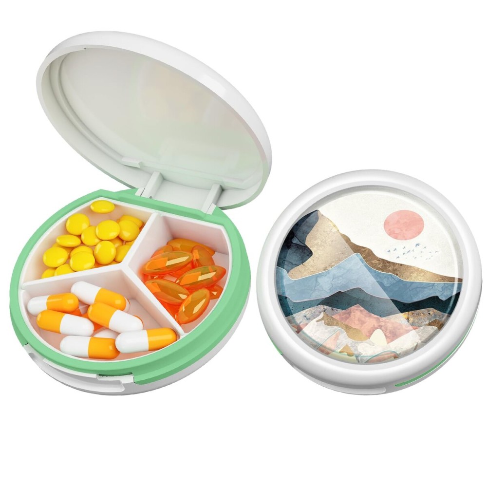Serfeymi Small Pill Box - 3 Compartments Portable Pill Box for Purse Pocket, Compact Mini Travel Pill Case - Suitable for Medicine, Vitamin, Fish Oil, Supplements - White(Mountain Sunrise)