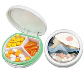 Serfeymi Small Pill Box - 3 Compartments Portable Pill Box for Purse Pocket, Compact Mini Travel Pill Case - Suitable for Medicine, Vitamin, Fish Oil, Supplements - White(Mountain Sunrise)
