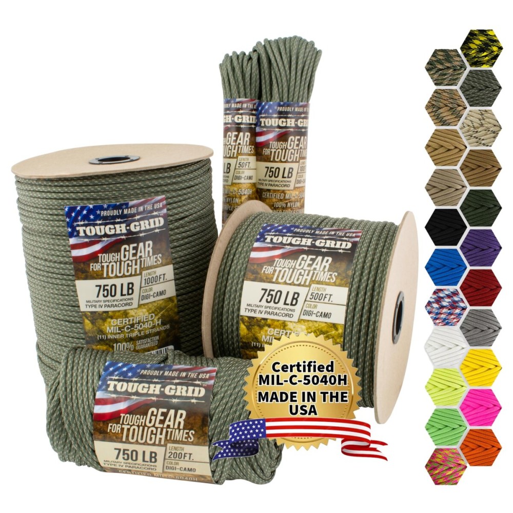 TOUGH-GRID 750 Paracord Rope Nylon Parachute Cord, Made in USA Survival Kit, Outdoor Adventures, Camping, Tactical Gear & Emergency Supplies, Military Type IV Mil-Spec