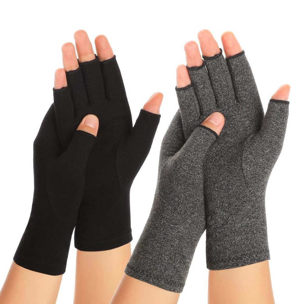 Zexhoor 2 Pairs Arthritis Compression Gloves for Women Men, Carpal Tunnel Pain Relief, Fingerless for Typing Both Hands