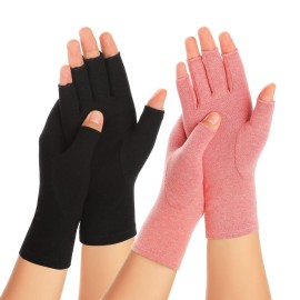 Zexhoor 2 Pairs Arthritis Compression Gloves for Women Men, Carpal Tunnel Pain Relief, Fingerless for Typing Both Hands