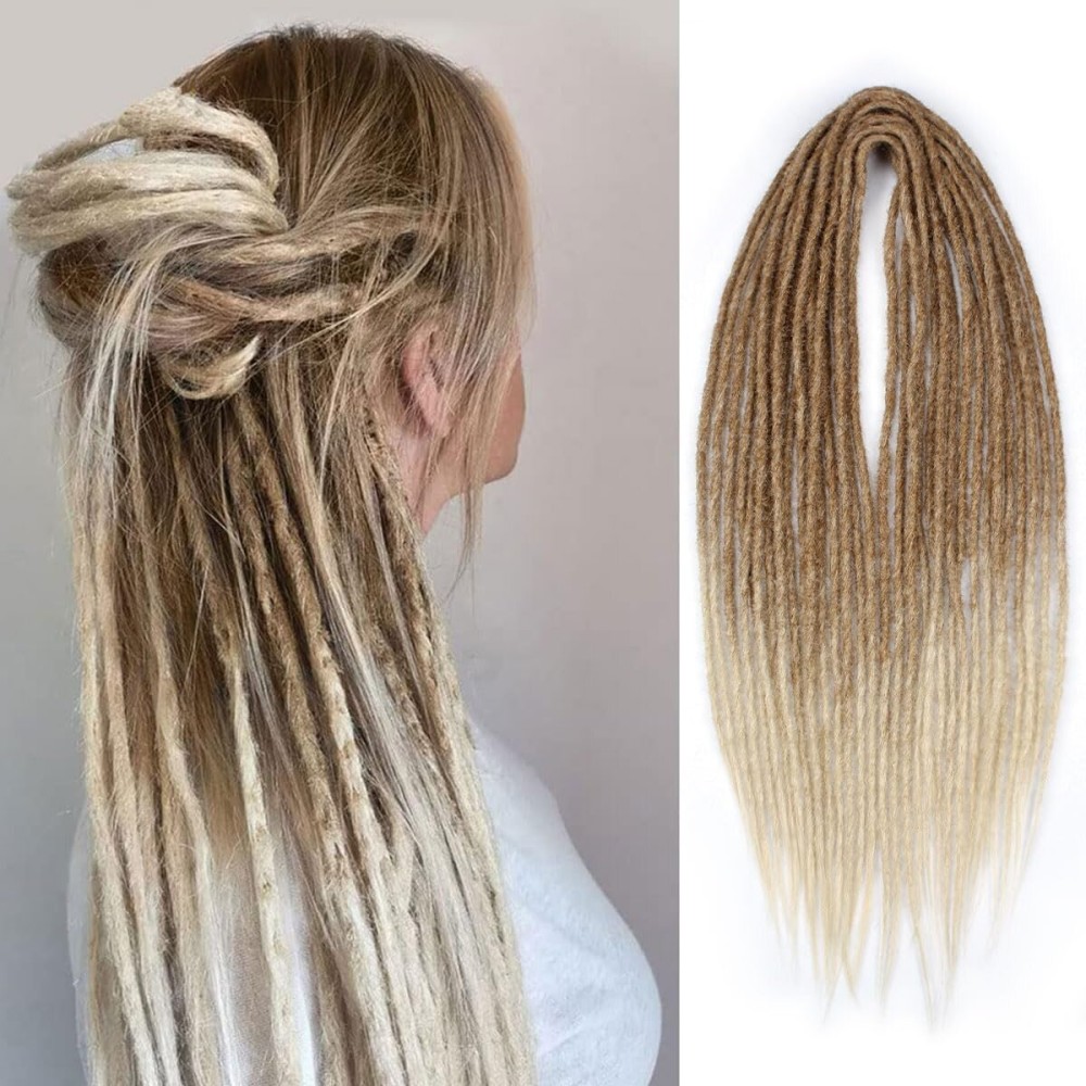Sangtok 15pcs Double Ended Dreadlock Extensions, 24 inch Ombre Light Brown to Blonde Thin 0.6cm Fake Dreads Extensions, DE Synthetic Dreadlock Extensions Reggae Hippie Dreads for Women