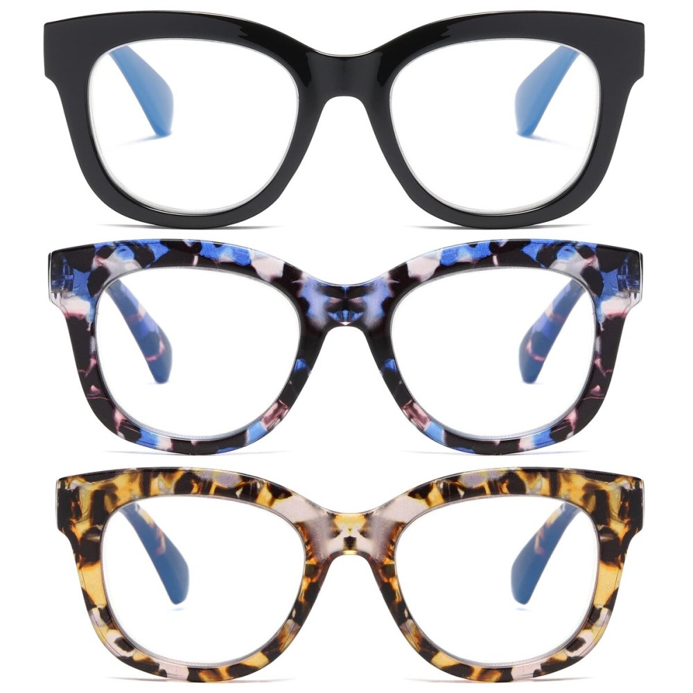ZXYOO Oversized Reading Glasses for Women,3 Pack Blue Light Blocking Computer Spring hinge ReadersBlack&Violet Leopard&Y Leopard+2.75