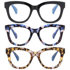 ZXYOO Oversized Reading Glasses for Women,3 Pack Blue Light Blocking Computer Spring hinge ReadersBlack&Violet Leopard&Y Leopard+2.75