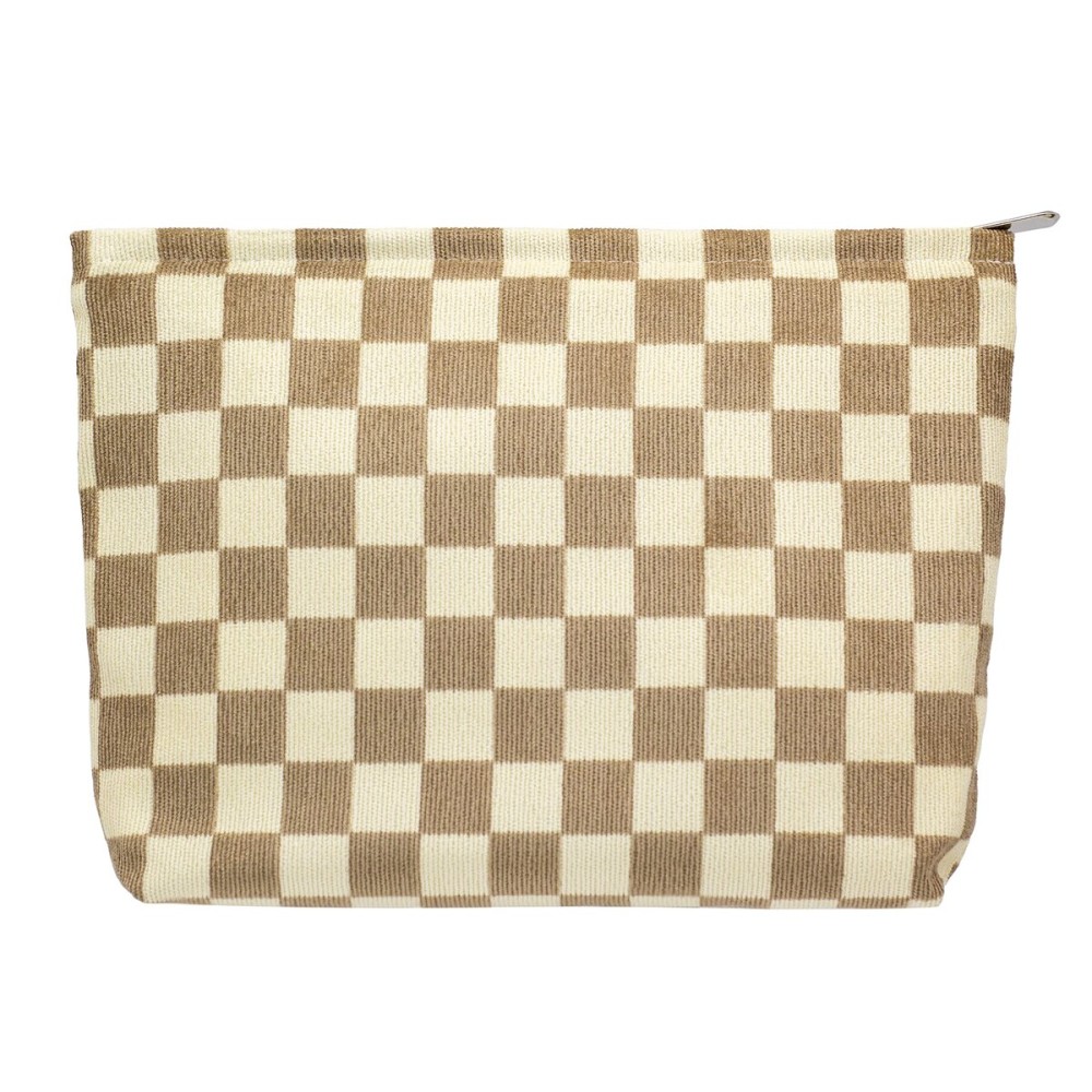 PAZIMIIK Makeup Bag Large Zipper Corduroy Make Up Pouch for Purse Travel Canvas Cosmetic Organizer for Women Brush Storage,Checkered Light Brown