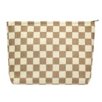 PAZIMIIK Makeup Bag Large Zipper Corduroy Make Up Pouch for Purse Travel Canvas Cosmetic Organizer for Women Brush Storage,Checkered Light Brown