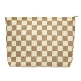 PAZIMIIK Makeup Bag Large Zipper Corduroy Make Up Pouch for Purse Travel Canvas Cosmetic Organizer for Women Brush Storage,Checkered Light Brown