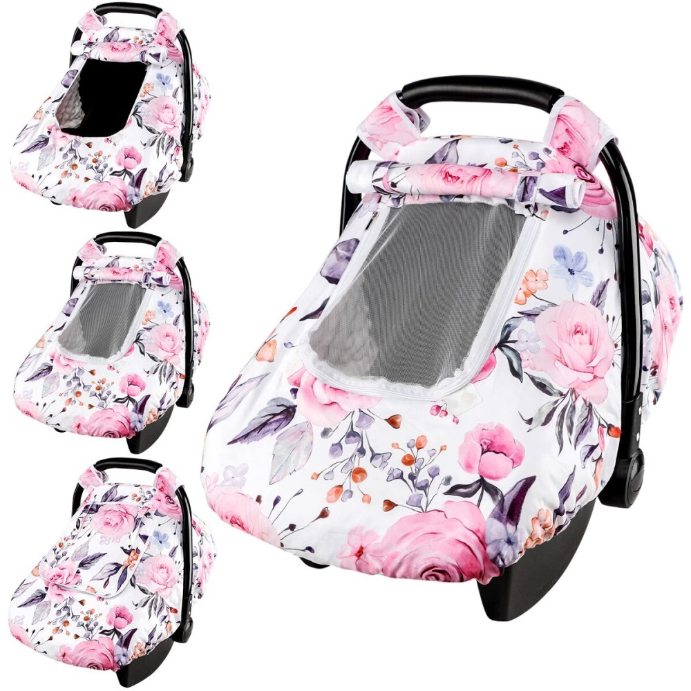 Floral Baby Carseat Cover Girls, Pea Pod Infant Car Seat Covers Canopy for Newborn with 2 Layers Windows of Breathable Mesh/Fabric, Lightweight Polyester/Minky Dot Backing, Snug Fit Most Baby Car Seat