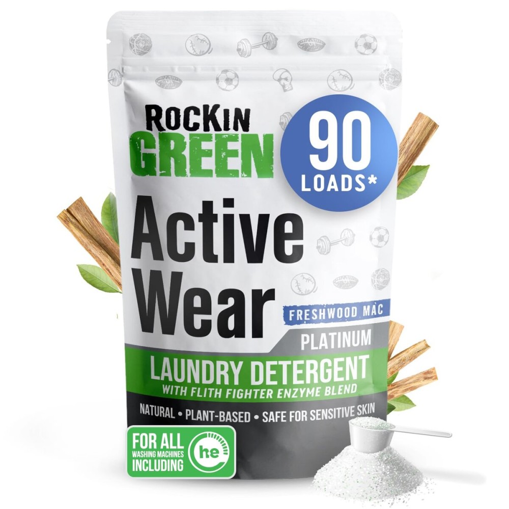 Rockin\' Green Laundry Detergent, Plant based, All Natural Laundry Detergent Powder, Vegan and Biodegradable Odor Fighter, Safe for Sensitive Skin (Active Wear 90 Loads - Freshwood Mac)