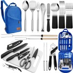Portable Camping Kitchen Utensil Set-27 Piece Cookware Kit, Stainless Steel Outdoor Cooking and Grilling Utensil Organizer Travel Set Perfect for Travel, Picnics, RVs, Camping, BBQs, Parties and More
