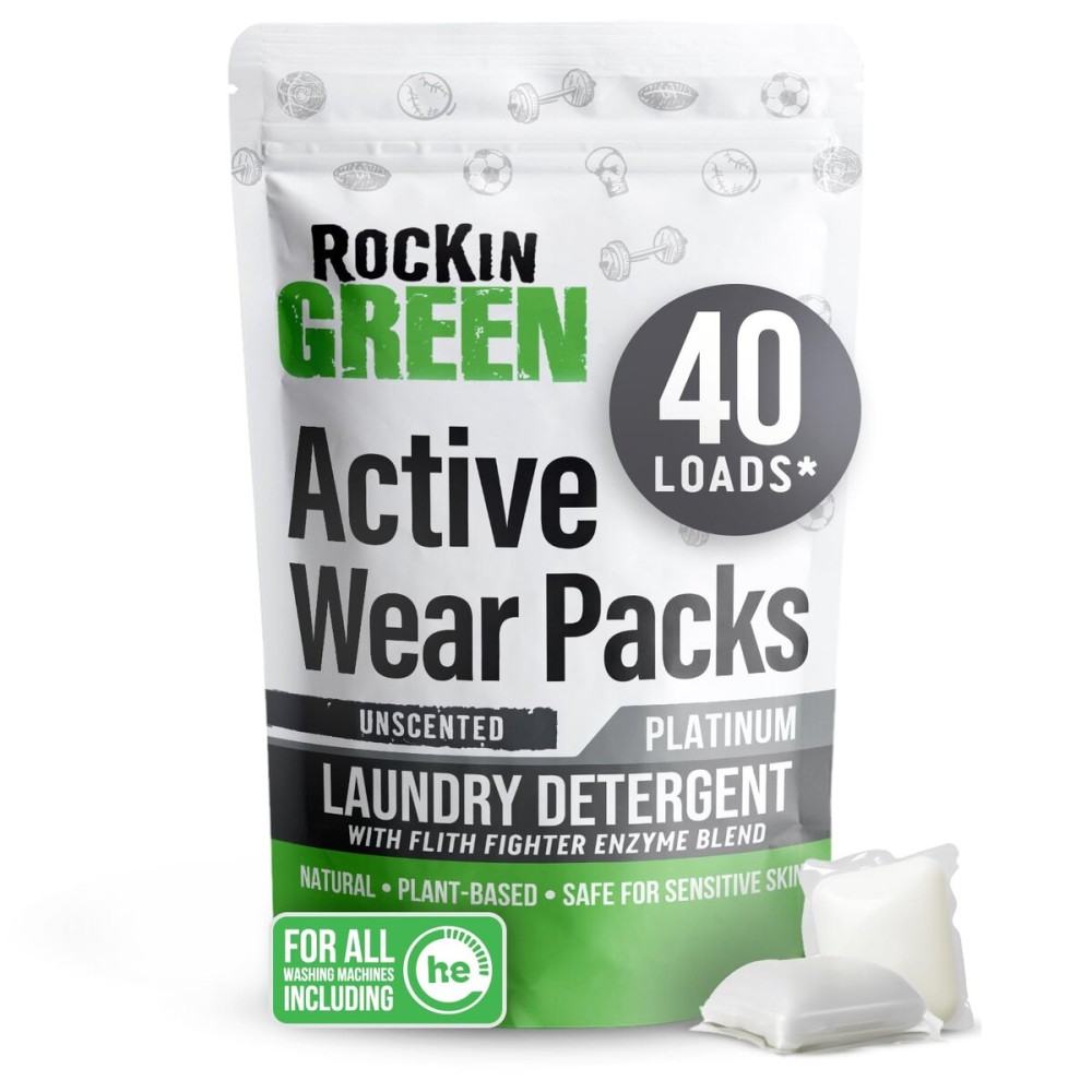Rockin\' Green Laundry Detergent Pods, Plant-based, All Natural, Vegan & Biodegradable Odor Fighter, Safe for Sensitive Skin (Unscented, Active Wear 40 Pods)