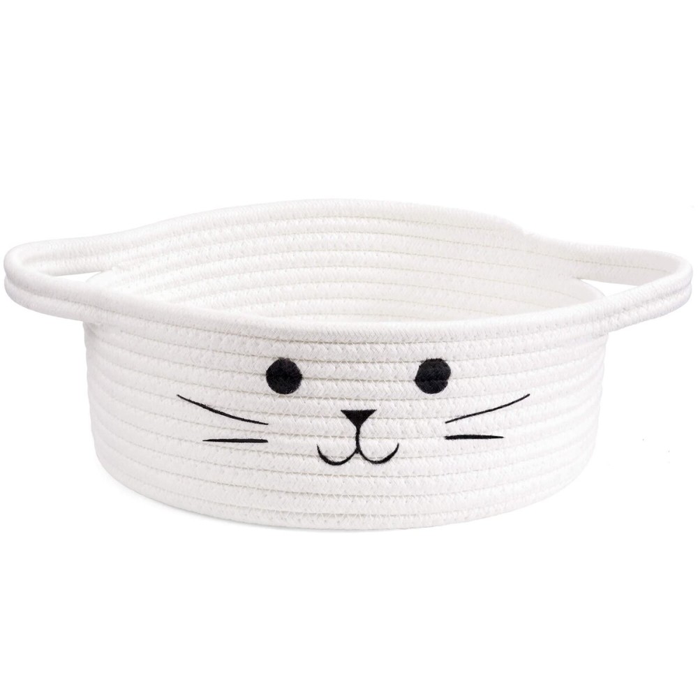 HiChen Small Woven Basket, Cute Cat Toy Basket for Living Room, Decorative Nursery Bin for Toys, Diapers, Empty Gift Baskets for Baby, White, 9.8 x 4 inches