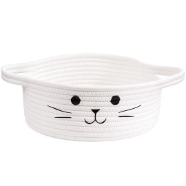 HiChen Small Woven Basket, Cute Cat Toy Basket for Living Room, Decorative Nursery Bin for Toys, Diapers, Empty Gift Baskets for Baby, White, 9.8 x 4 inches