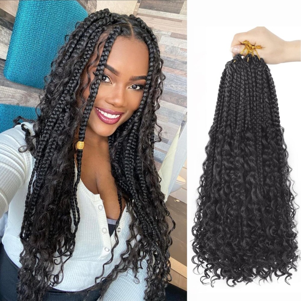 Goddess Box Braids Crochet Hair With Curly Ends 16 Inch Bohomian Box Braids Crochet Braids 8 Packs 3X Crochet Braids Synthetic Braiding Hair Extension for Black Women(16 Inch (Pack of 8), 1B)