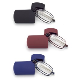 HIGHLIKE 3-Pack Hard Cases Folding Reading Glasses, Pocket Wallet Purse Compact Spring Hinge Readers, Transparent Clear Lens Black Blue Red 2.75 x