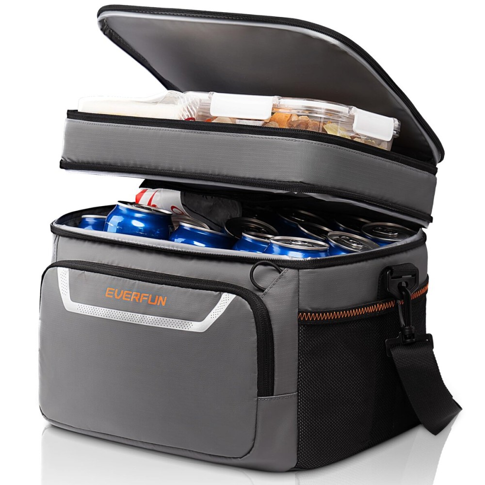 EVERFUN Small Lunch Box Insulated Cooler Bag Mini Cooler 24 Can Soft Sided Lunch Bag for Men Women Ice Chest Double Deck Portable Personal Collapsible Waterproof Leak-Proof for Work Travel Car, Gray