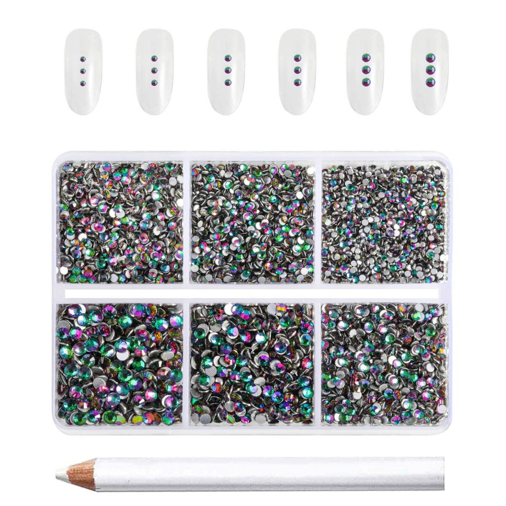 Beadsland 7200pcs Flatback Rhinestones,Green Rhinestone Nail Gems Round Crystal Rhinestones for Crafts,Mixed 6 Sizes with Wax Pencil Kit, SS3-SS10,Green Volcano
