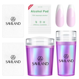 Saviland French Tip Nail Stamp: 5PCS Purple Radium Jelly Stamper Nail Art Stamper Kit, Long & Short Clear Silicone Nail Stamping with Scrapers Nail Stamp for French Manicure