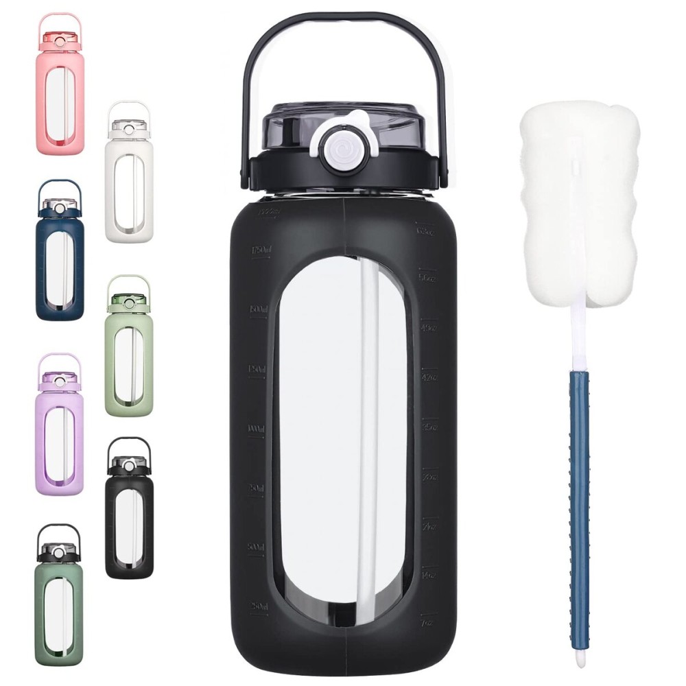 BLUEGO 64oz Glass Water Bottles with Straw Time Marker Half Gallon Large Motivational Water Bottle with Silicone Sleeve 2 Liter Large Glass Water Jug Daily, Black