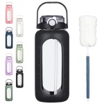 BLUEGO 64oz Glass Water Bottles with Straw Time Marker Half Gallon Large Motivational Water Bottle with Silicone Sleeve 2 Liter Large Glass Water Jug Daily, Black