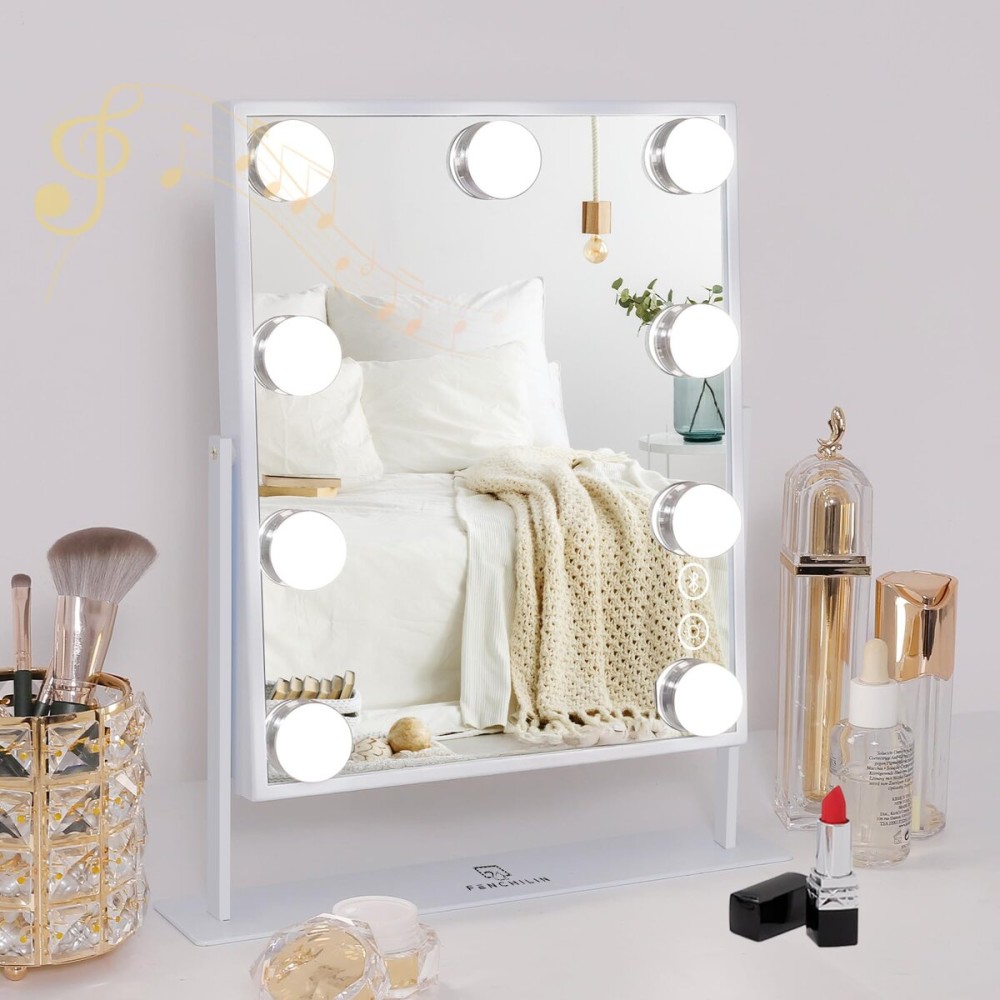 FENCHILIN White Hollywood Vanity Mirror with Lights 9 Dimmable Bulbs Makeup Mirror with Smart Touch Control for Glam Room Bedroom Detachable 10X Magnification Rotation White