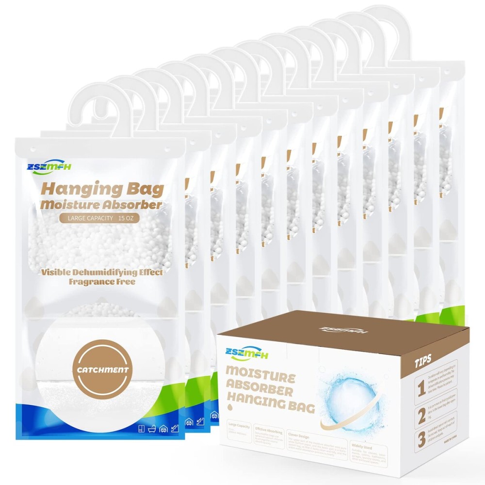 ZSZMFH 12 Pack Moisture Absorber Hanging Bags, Fragrance Free Humidity Packs, 15 OZ Dehumidifier Bags Effectively Trap Extra Moisture,Hanging Closet Dehumidifier Bags-425g/pack