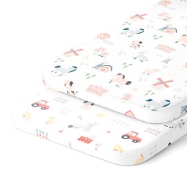 Bedside Sleeper Bassinet Sheets 35x20 Compatible with MiClassic, Milliard Bassinet and Large Bedside Sleepers - Snuggly Soft 100% Jersey Cotton - Farm Animals - 2 Pack