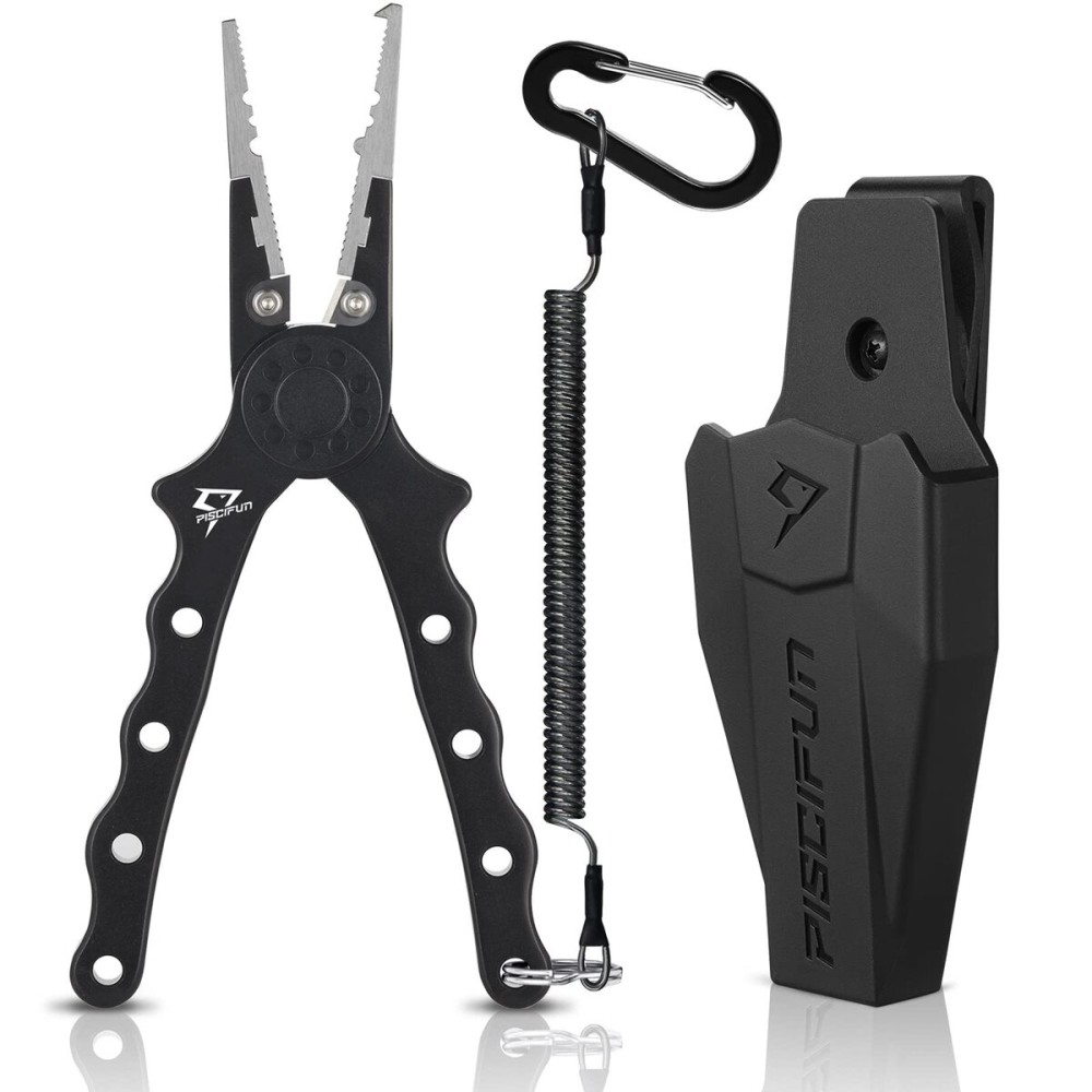 Piscifun Fishing Pliers, Saltwater Fishing Pliers with Split Ring, Fish Hook Remover, Corrosion Resistance Fly Fishing Pliers with Braid Cutters, Sheath and Lanyard, Fishing Gear Gifts for Men, Black