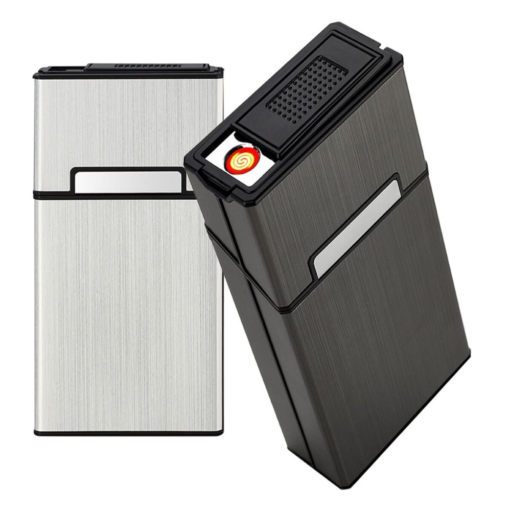 Cigarette Case with Lighter 100\'s King Size 20pcs Cigarettes 2 Pack Rechargeable Flameless Windproof Electric Lighter Makeup Mirror