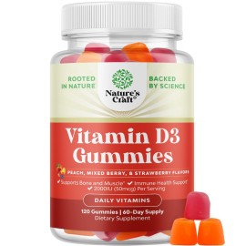 Natures Craft Vitamin D3 Gummies for Daily Wellness - Delicious Vitamin D Gummies for Adults with D3 2000IU per Serving Bone Muscle & Immune Support - Non-GMO Gelatin & Gluten Free (60 Day Supply)