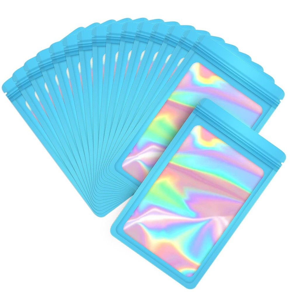 EONJOE 100-pack 58 inch mylar bags with clear window holographic resealable sealable packaging zip bag for small bussiness jewelry candy sample food packing supplies Blue
