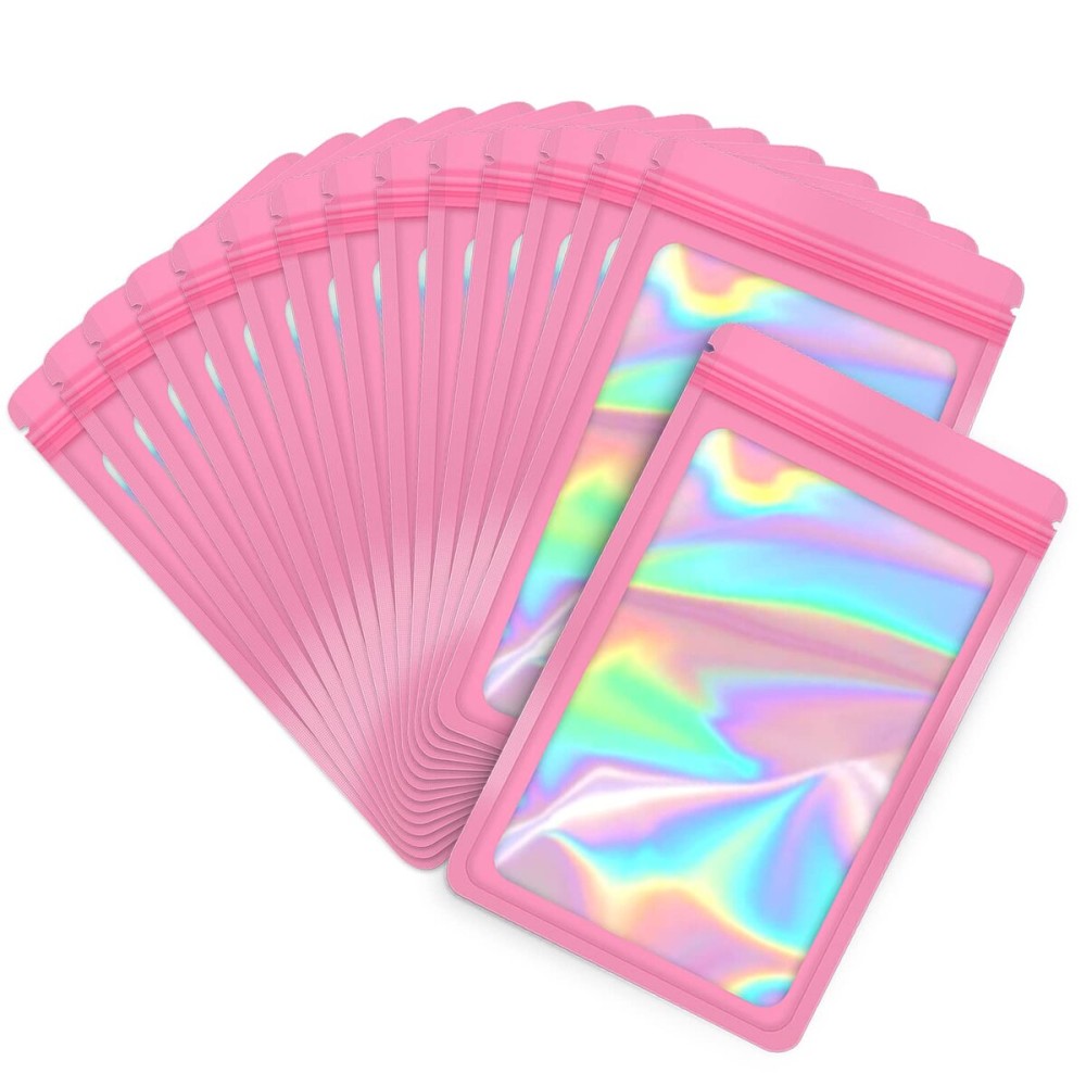 EONJOE 100-pack 46 inch mylar bags with clear window holographic resealable sealable packaging zip bag for small bussiness jewelry candy sample food packing supplies Pink