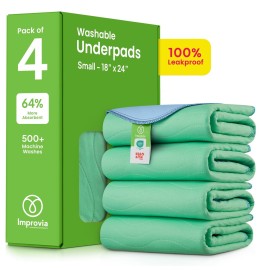 IMPROVIA Washable Underpads, 18 x 24 (Pack of 4) - Heavy Absorbency Reusable Incontinence Pads for Kids, Adults, Elderly, and Pets - Waterproof Protective Pad for Bed, Couch, Sofa, Furniture, Floor