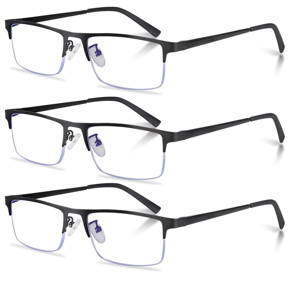 Anourney 3-Pack Reading Glasses for Men, Lightweight Metal Half Frame Blue Light Blocking Computer Readers, Filter UV Ray/Computer Glare with Spring Hinge Eyeglasses(3PCS Black,+4.0)