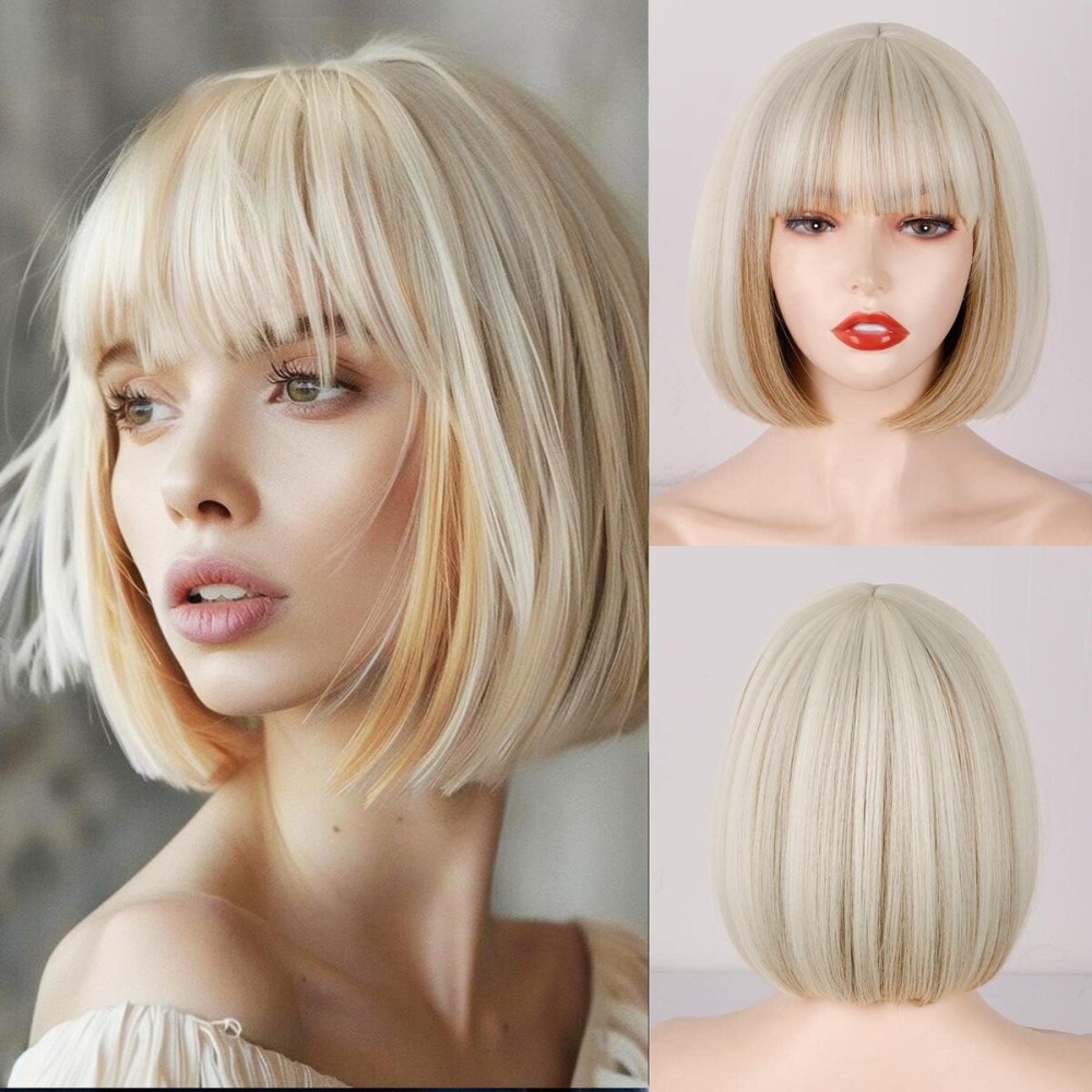 WERD Short Bob Blonde Wig with Bangs Short Platinum Wigs for Women mixed Brown Platinum Highlights Wigs for Cosplay Party Daily Halloween