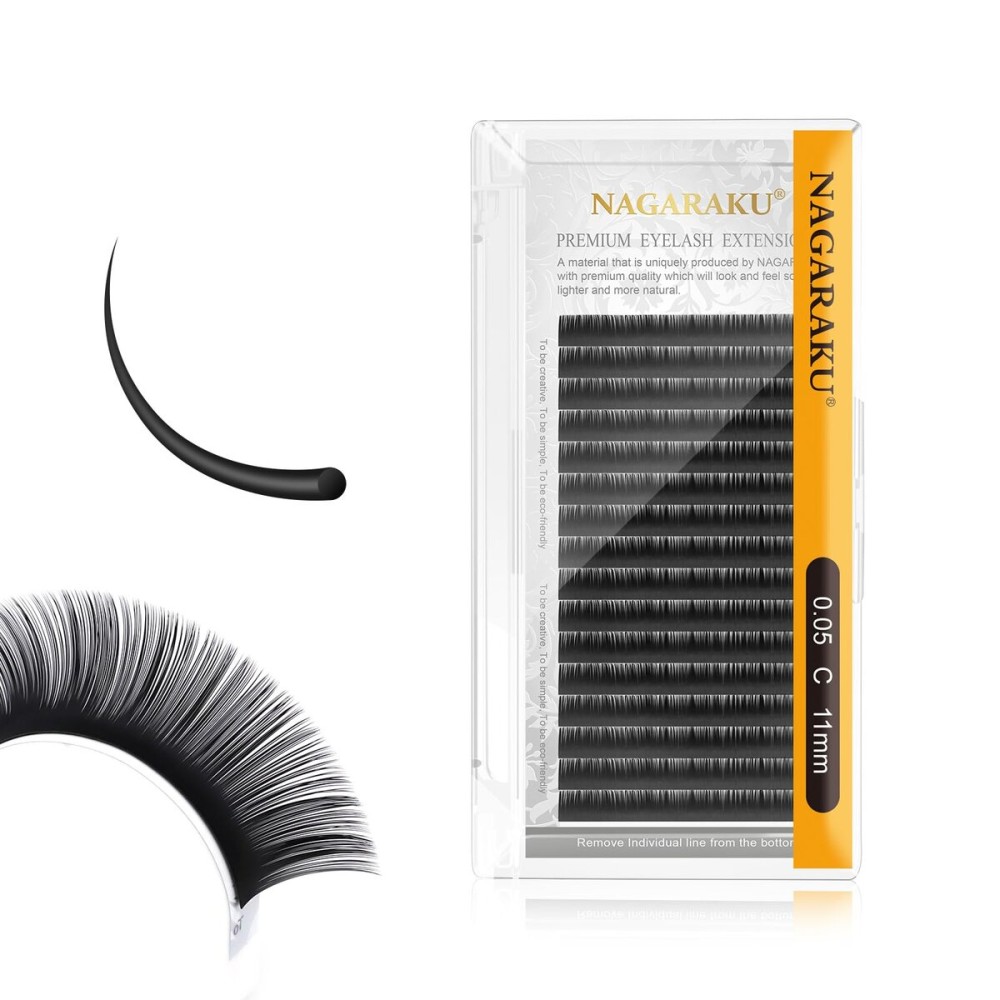 NAGARAKU Eyelash Extensions Individual Lashes 0.05mm C curl 11mm Classic Super Matte Black Soft Natural Faux Mink 16 rows Stable curl