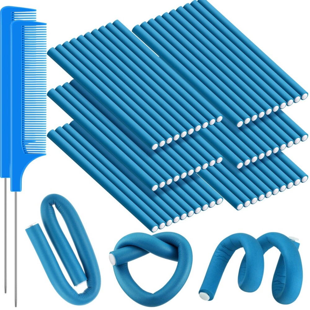 WILLBOND 60 Pieces Flexible Curling Rods Hair Curlers Rollers Twist Flexi No Heat Rods Rollers for Long Short Hair Women(0.5 x 9.5 Inch,Blue)