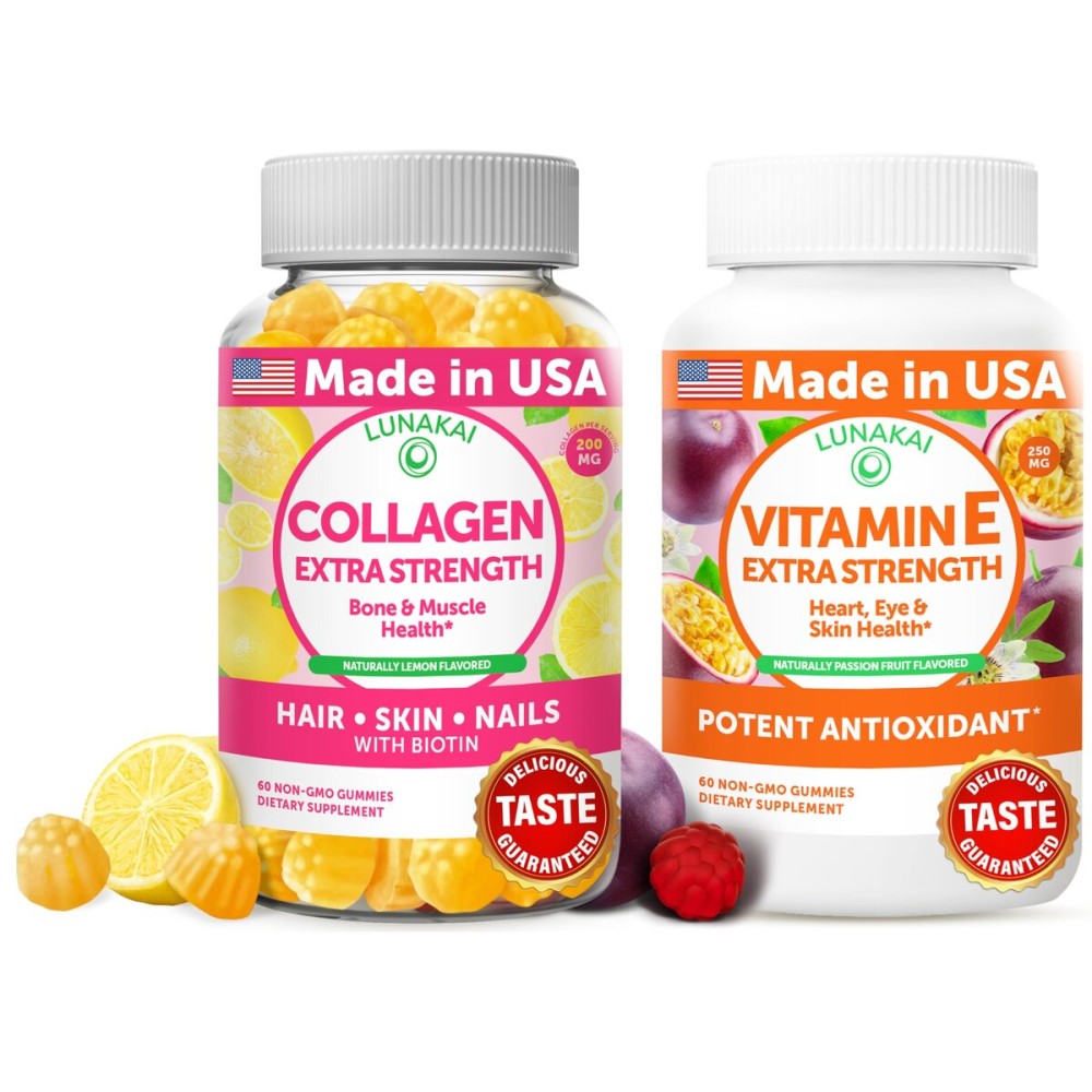 Lunakai Collagen and Vitamin E Gummies Bundle - Non-GMO Anti Aging Supplements for Men & Women - Natural Gummy with Vitamin C & 250 mg Natural VIT E