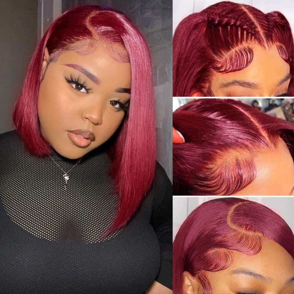 HIRIREMY Bob Wig Human Hair 13x4 HD Lace Frontal Short Straight Lace Front Bob Wigs for Black Women Human Hair Pre Plucked Glueless Side Part 180% Density Wine Red 99J Burgundy Color 12 Inch