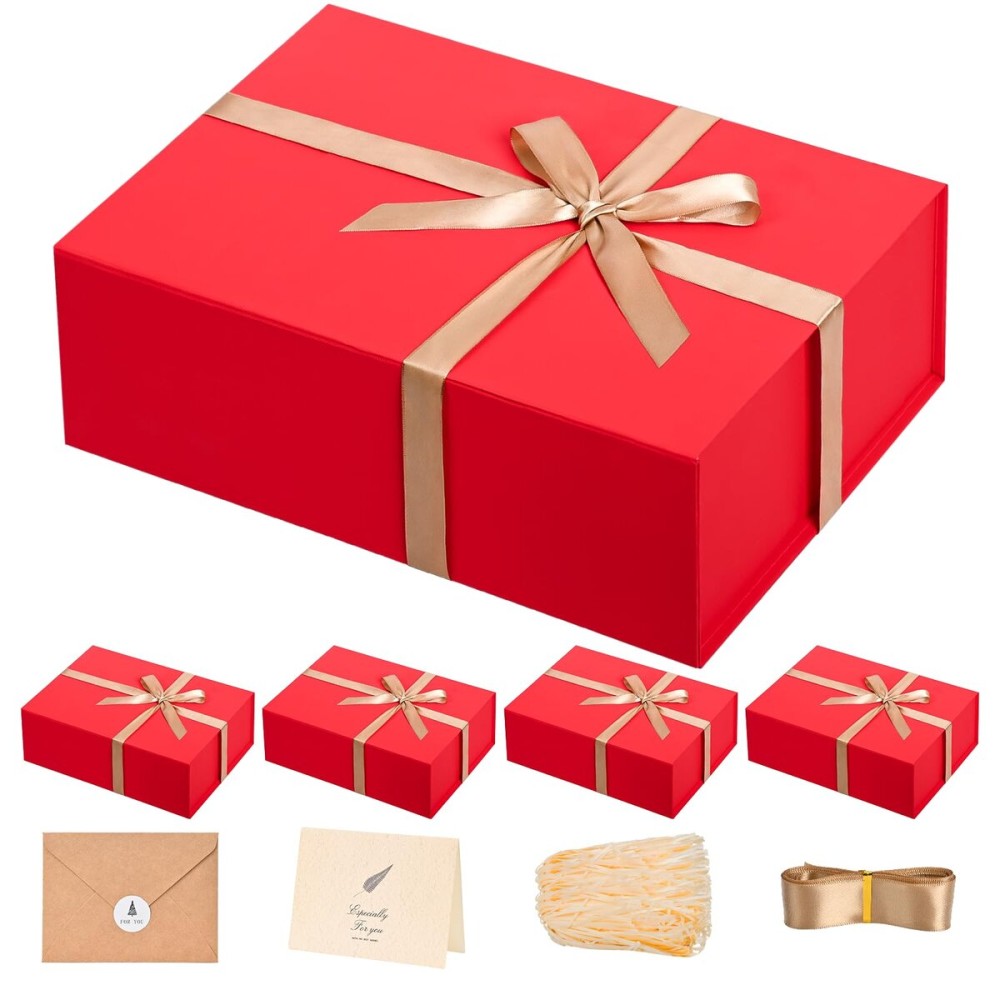 LIFELUM Christmas Gift Boxes 5 Pack 13.85 x 8.35 x 4.45 inch Christmas Gift Boxes for Presents with Ribbon Valentine\'s Bridesmaid Boxes Contains Card, Ribbon, Shredded Paper Filler for Packing