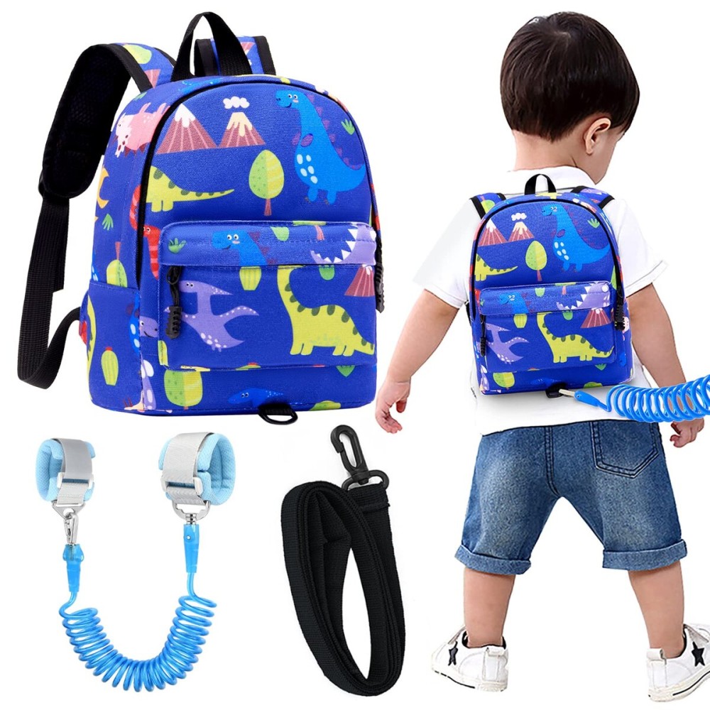Accmor Toddler Backpack Leash with Anti Lost Wrist Link, Cute Mini Child Walking Harnesses Keep Kids Close Back Pack Rope Tether Rein for Baby Boys (Blue/Dino)