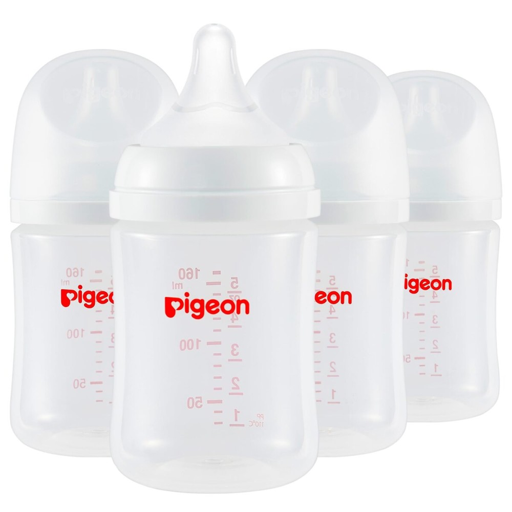 Pigeon PP Nursing Bottle Wide Neck, Anti-Colic, Streamlined Body, Natural Feel, Easy to Clean, 5 Oz (Pack of 4), Includes 4pcs SS Nipples (0m+)